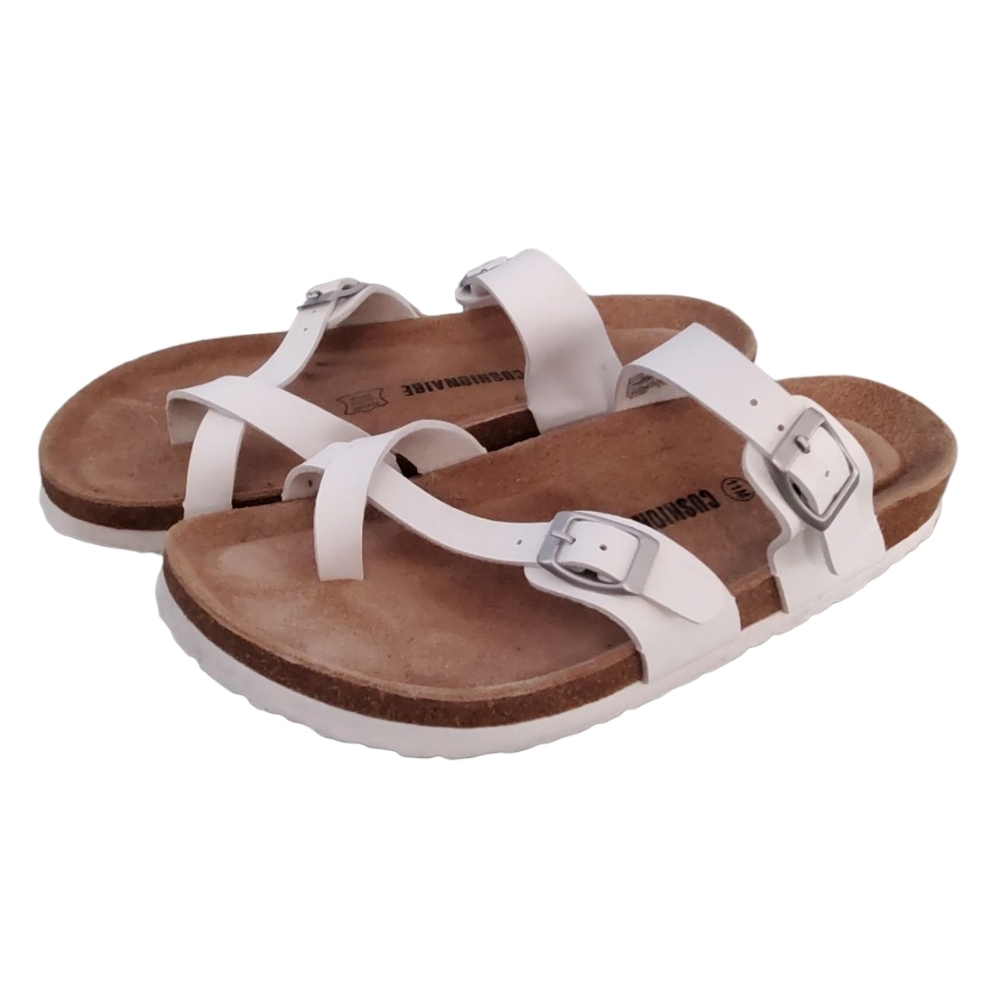 Cushionaire Leather Corkys Women's White and Tan Sandals. Sz. 11 M.